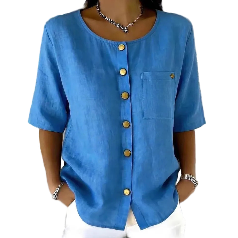 Crew-Neck Shirt with Metal Buttons – Three-Quarter Sleeve Top for Women