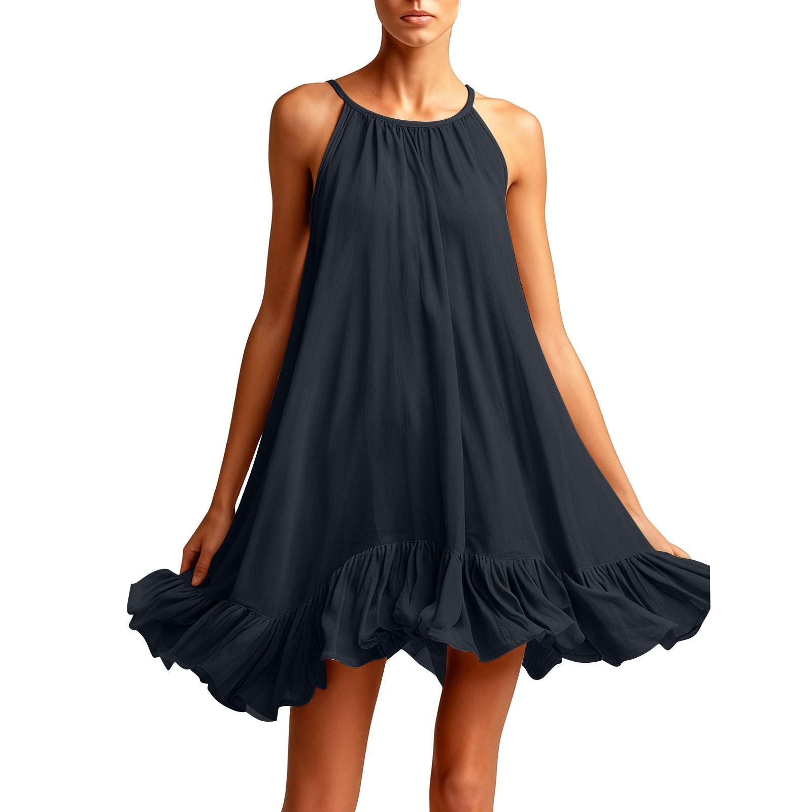 Halterneck Pleated Dress – Sleeveless Elegant Casual Dress for Women