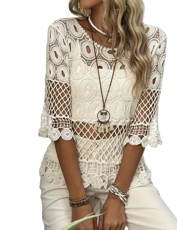 Resort-Style Crochet Top – Hollow-Out Crew Neck Sun-Protective Blouse for Women