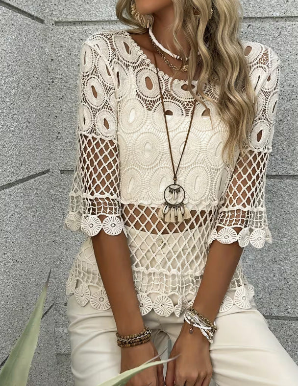 Resort-Style Crochet Top – Hollow-Out Crew Neck Sun-Protective Blouse for Women