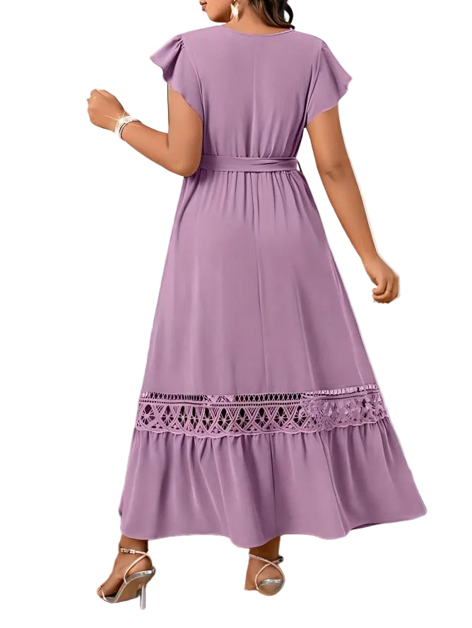 V-Neck Lace Patchwork Dress – Elegant Short Sleeve Dress for Women