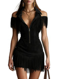 Off-Shoulder Suede Dress – Retro Tassel Elegant Dress for Women