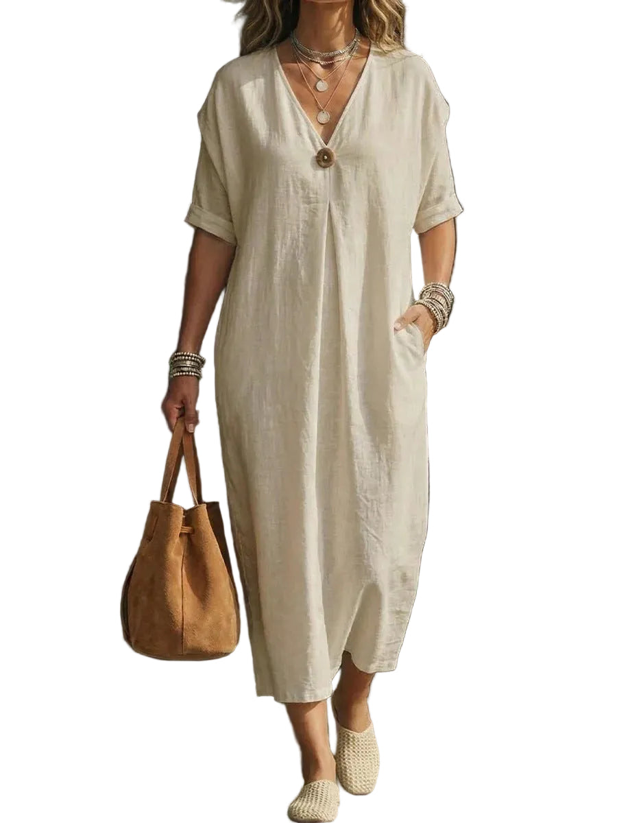 V-Neck Button Dress – Short Sleeve Casual Dress for Women