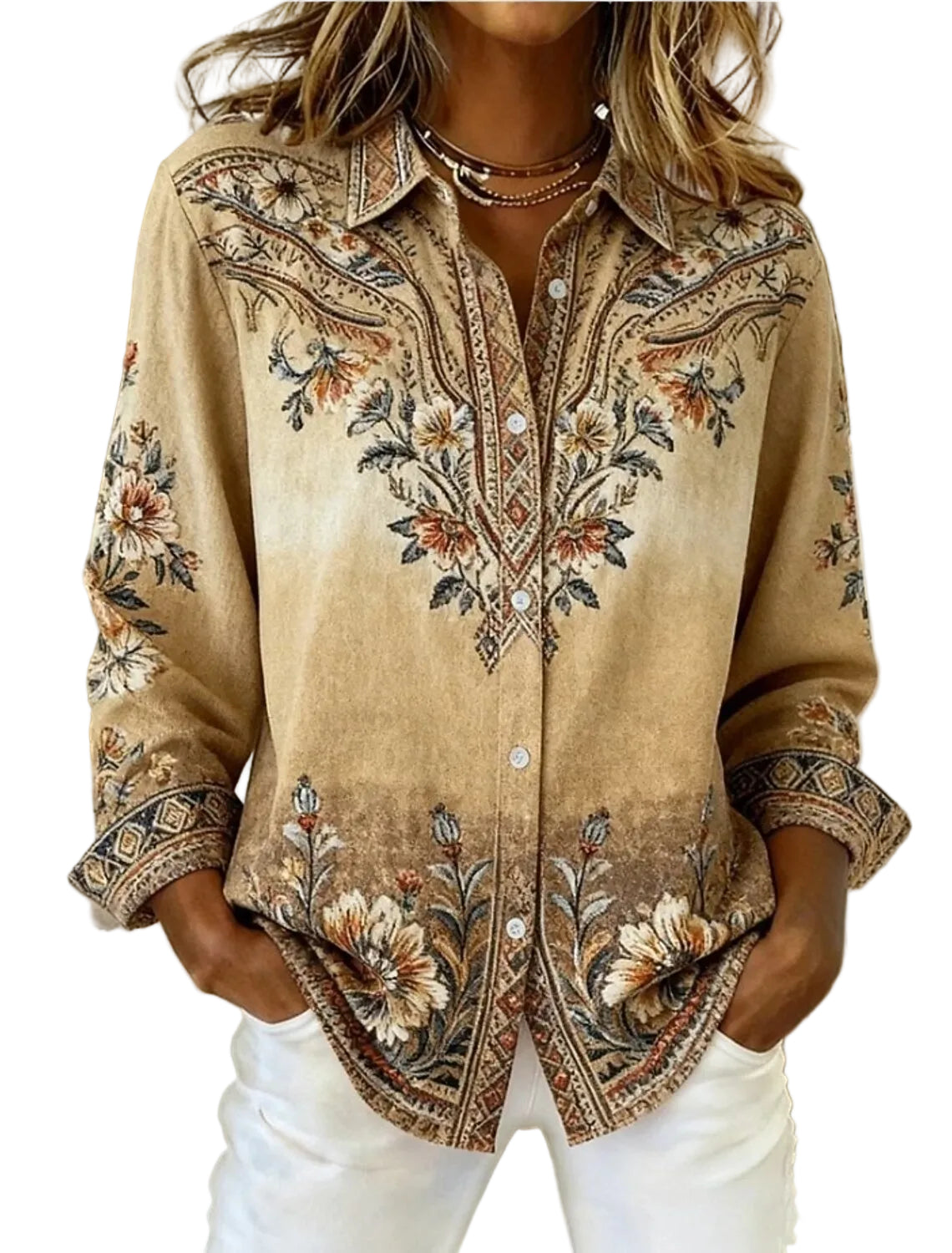 Printed Lapel Shirt – Loose Fit Long Sleeve Blouse for Women