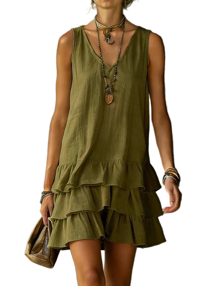V-Neck Cotton Linen Dress – Sleeveless Elegant Dress for Women