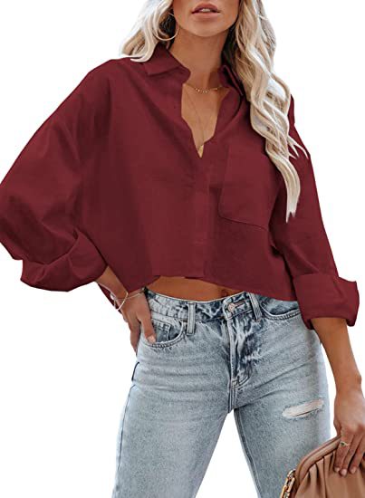 Women’s Chic Cropped Button-Up Shirt – Long Sleeve Casual Outerwear