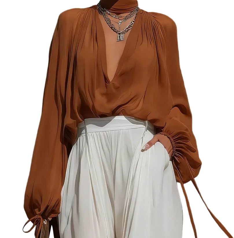 Deep V-Neck Chiffon Blouse – Lantern Sleeve Elegant Top for Women