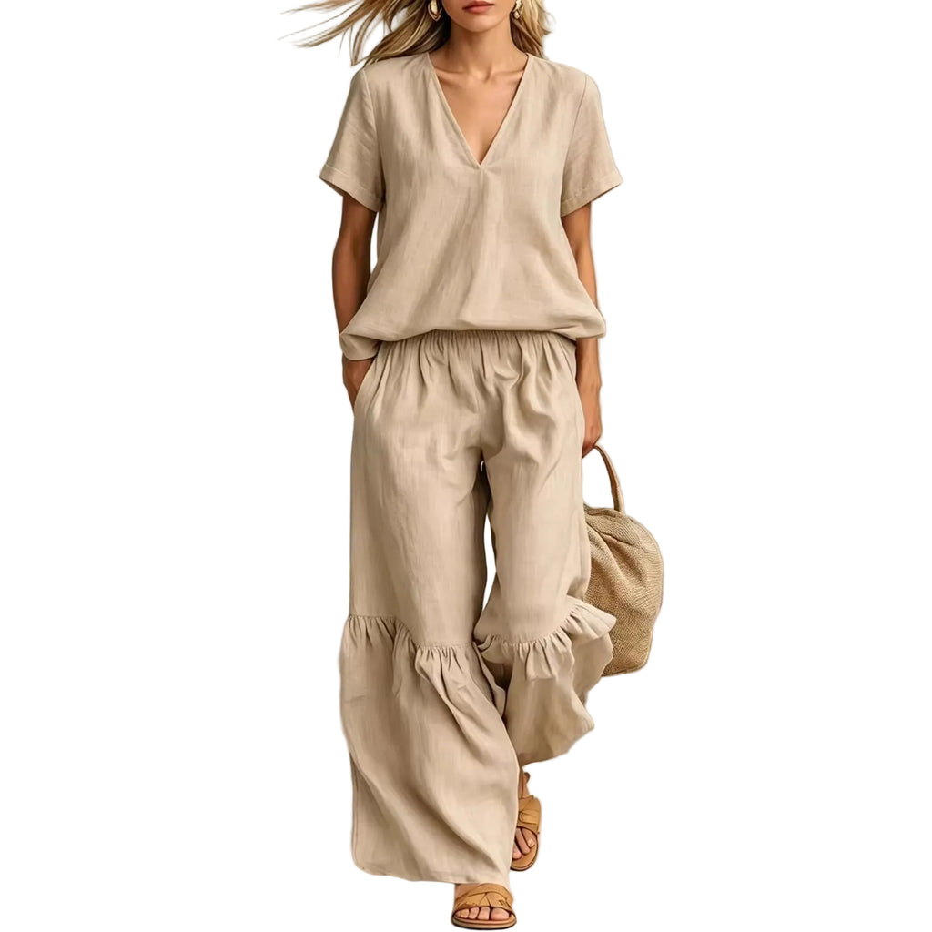Casual V-Neck 2 Piece Set – Loose Top & Pants for Women