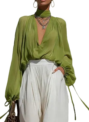 Deep V-Neck Chiffon Blouse – Lantern Sleeve Elegant Top for Women