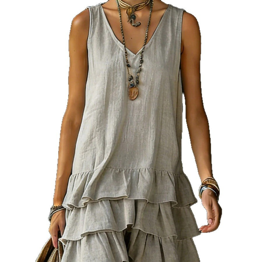 V-Neck Cotton Linen Dress – Sleeveless Elegant Dress for Women