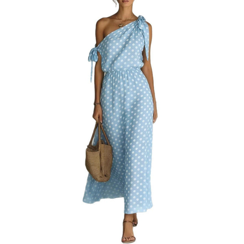 Polka Dot One-Shoulder Dress – Off-Shoulder Elegant Dress for Women