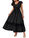 V-Neck Lace Patchwork Dress – Elegant Short Sleeve Dress for Women