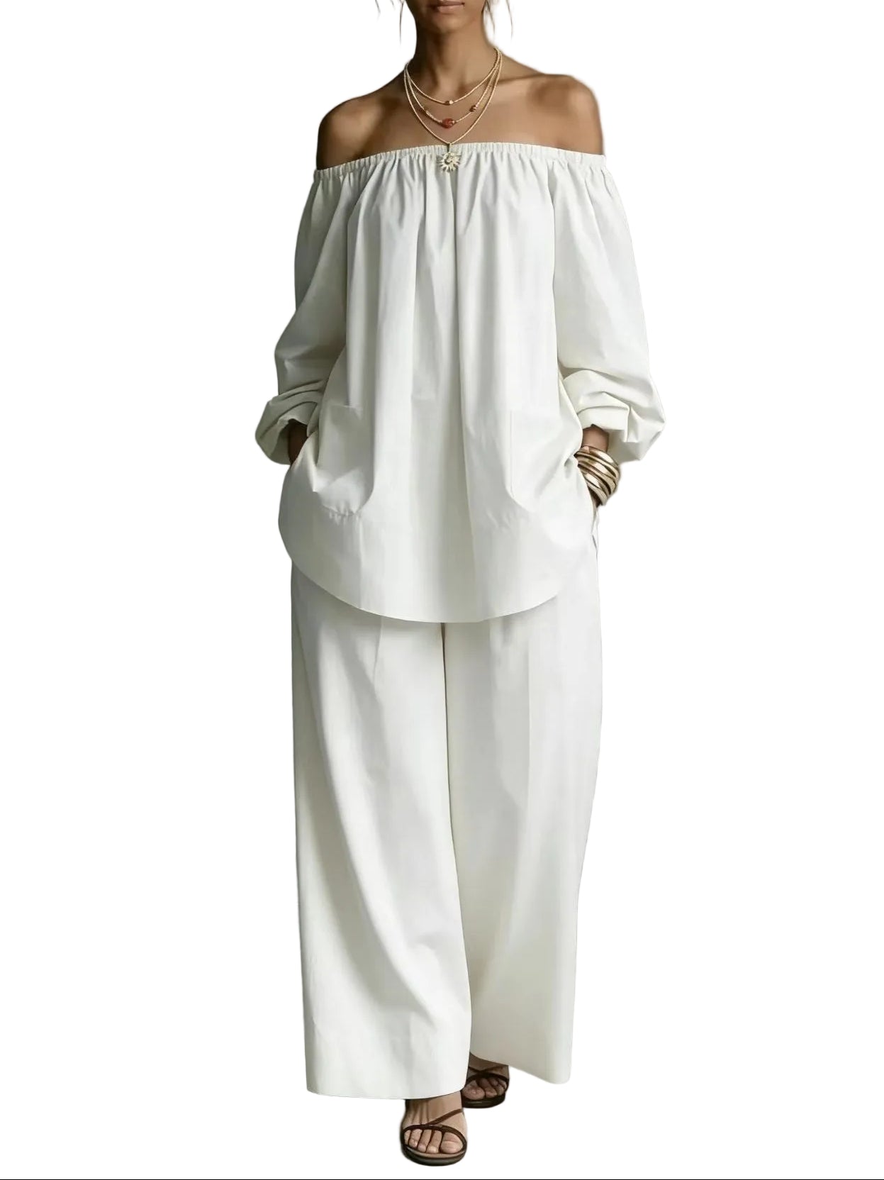 Off-Shoulder Women’s Cotton & Linen Wide-Leg Pants Set