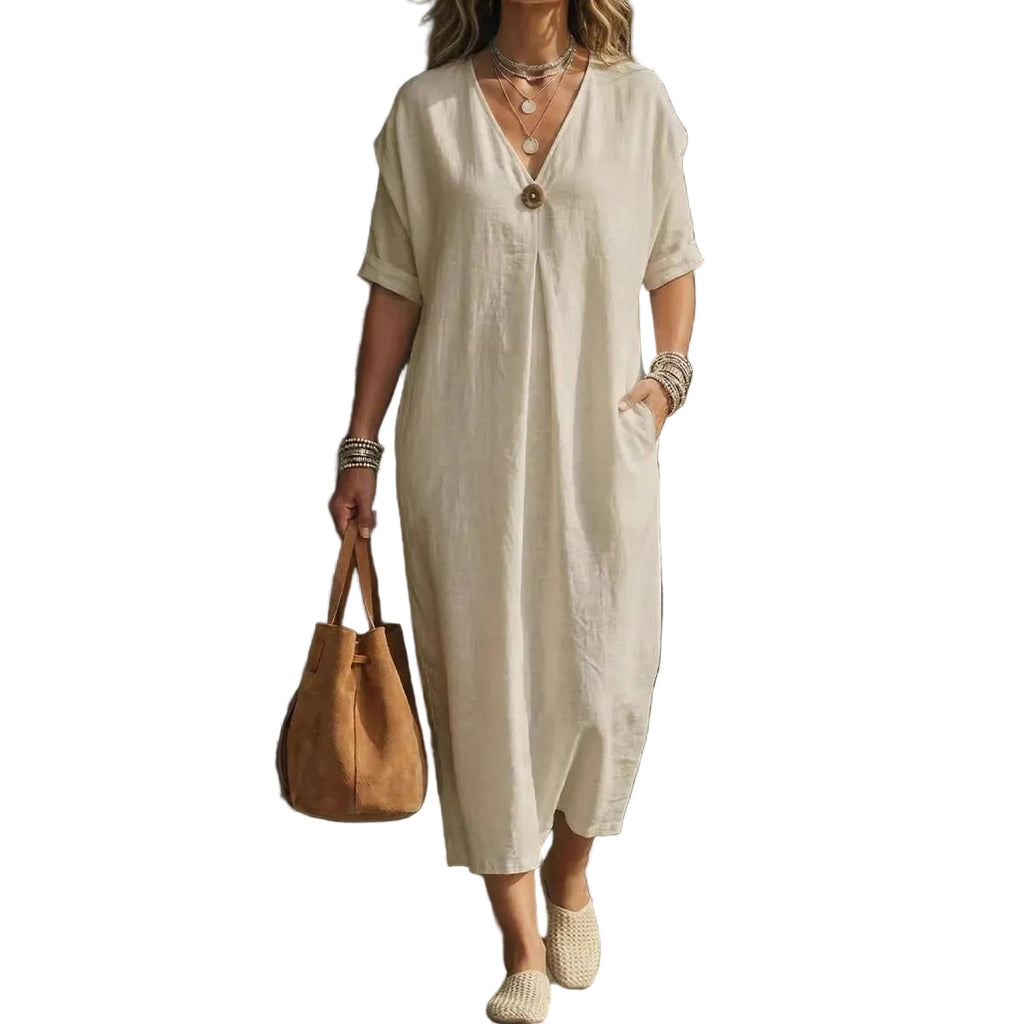 V-Neck Button Dress – Short Sleeve Casual Dress for Women