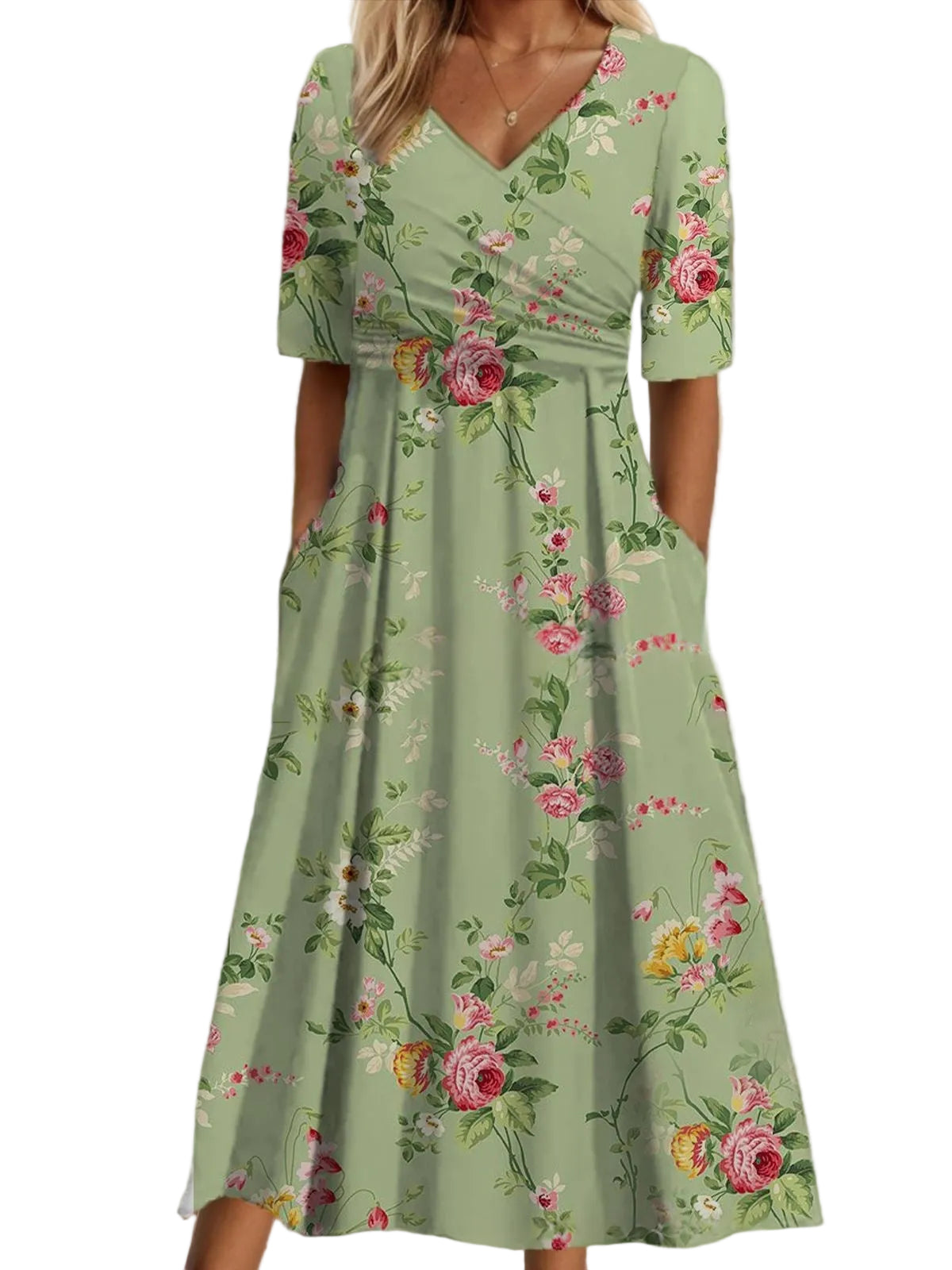 V-Neck Belted Maxi Dress – Short Sleeve Dress with Pockets for Women