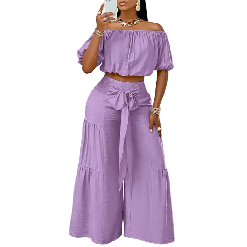 High-Waisted Flared Pants – Solid Color Tie Detail Elegant Trousers