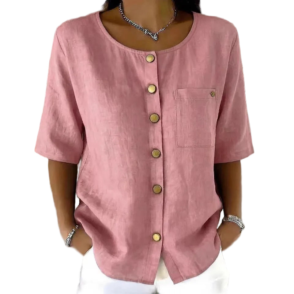 Crew-Neck Shirt with Metal Buttons – Three-Quarter Sleeve Top for Women