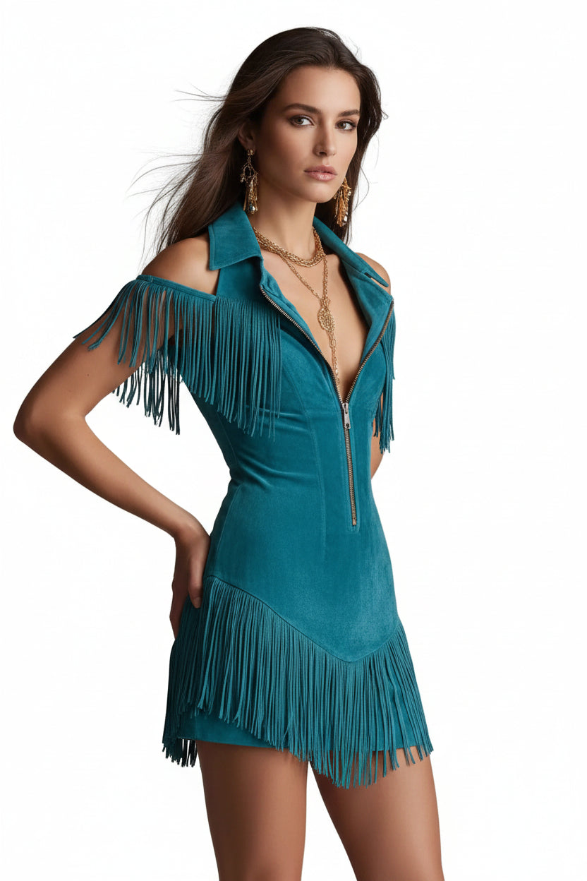 Off-Shoulder Suede Dress – Retro Tassel Elegant Dress for Women
