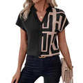 Batwing Sleeve V-Neck Shirt – Asymmetric Print Short Sleeve Top for Women