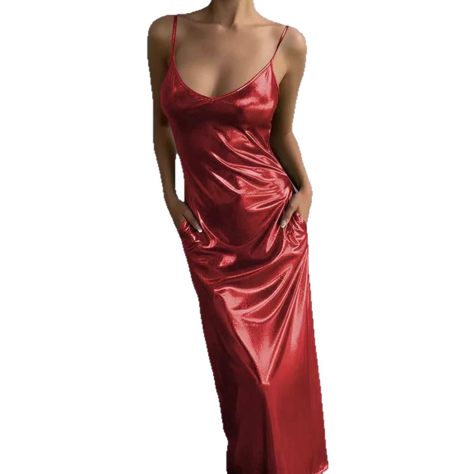 Textured Slip Dress – U-Neck Mirror-Finish Solid Color Dress with Pockets
