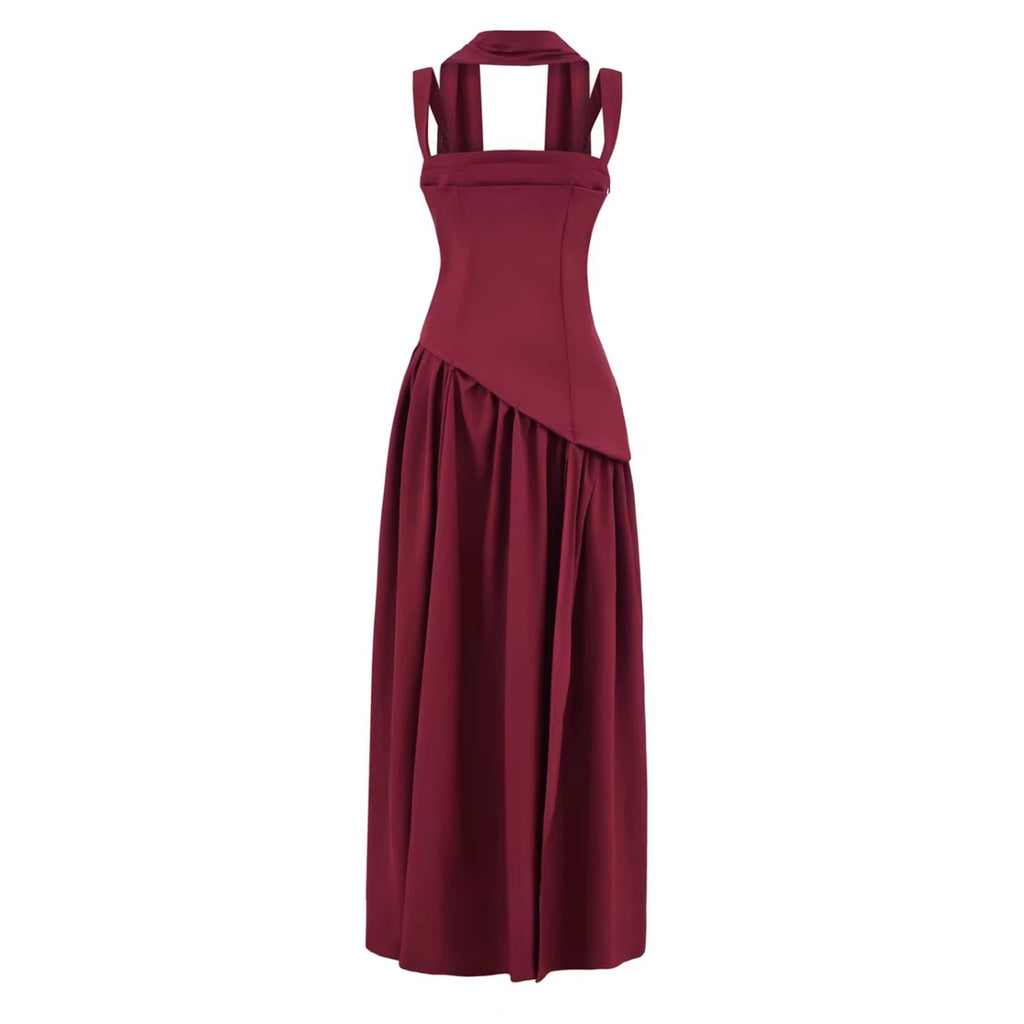 Lace-Up Maxi Dress – Ribbon Trim High-Slit Elegant Dress for Women