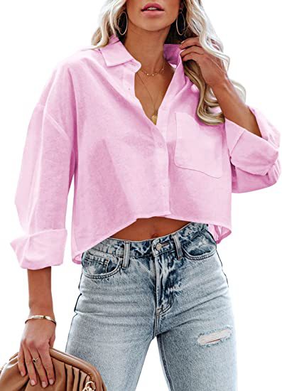 Women’s Chic Cropped Button-Up Shirt – Long Sleeve Casual Outerwear