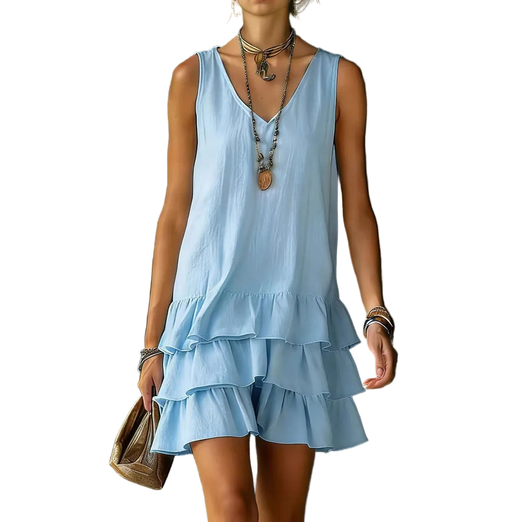 V-Neck Cotton Linen Dress – Sleeveless Elegant Dress for Women