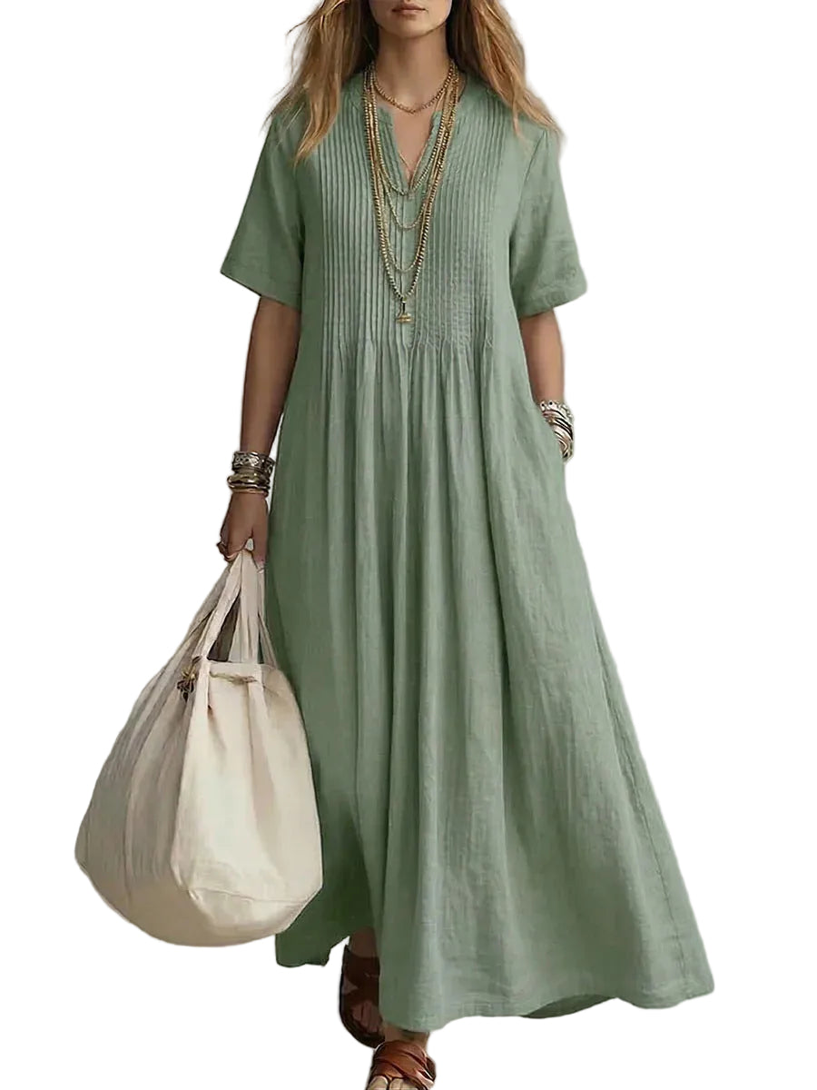 Casual V-Neck Cotton Linen Dress – Loose Pleated Short Sleeve Dress for Women