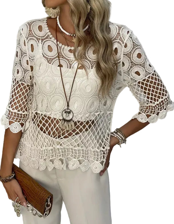 Resort-Style Crochet Top – Hollow-Out Crew Neck Sun-Protective Blouse for Women