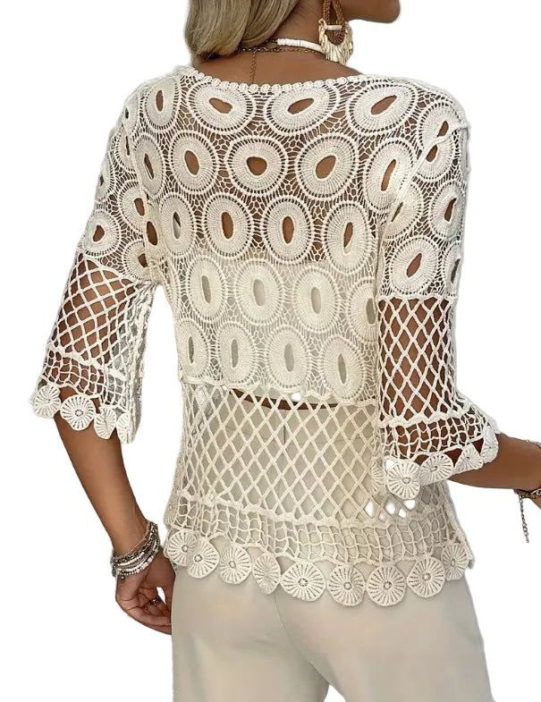 Resort-Style Crochet Top – Hollow-Out Crew Neck Sun-Protective Blouse for Women
