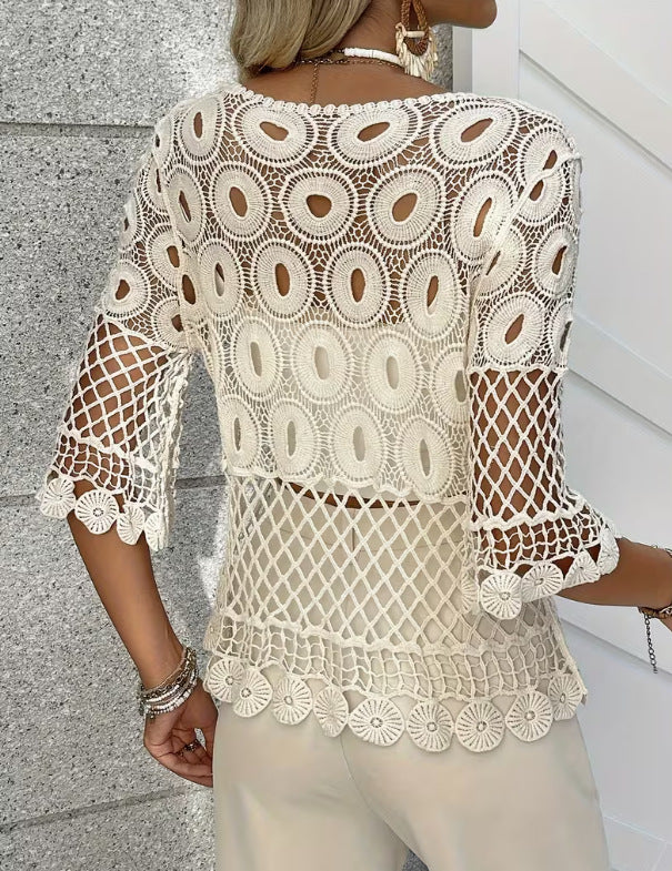 Resort-Style Crochet Top – Hollow-Out Crew Neck Sun-Protective Blouse for Women