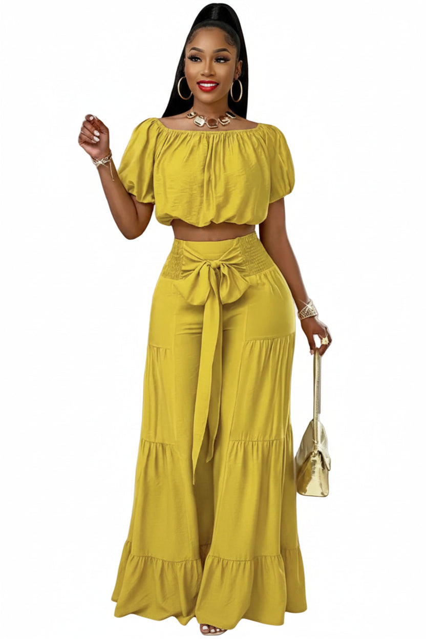 High-Waisted Flared Pants – Solid Color Tie Detail Elegant Trousers