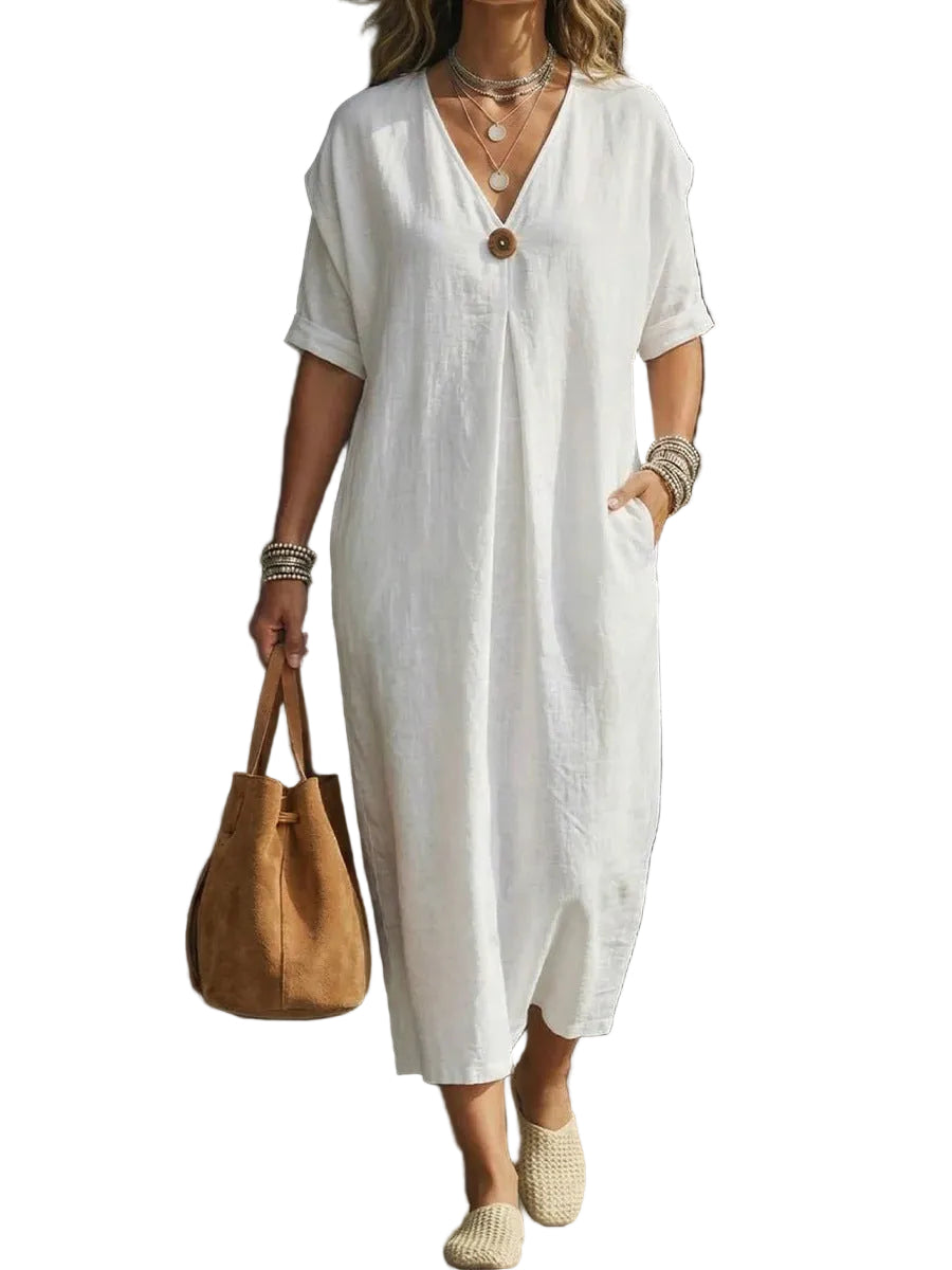 V-Neck Button Dress – Short Sleeve Casual Dress for Women