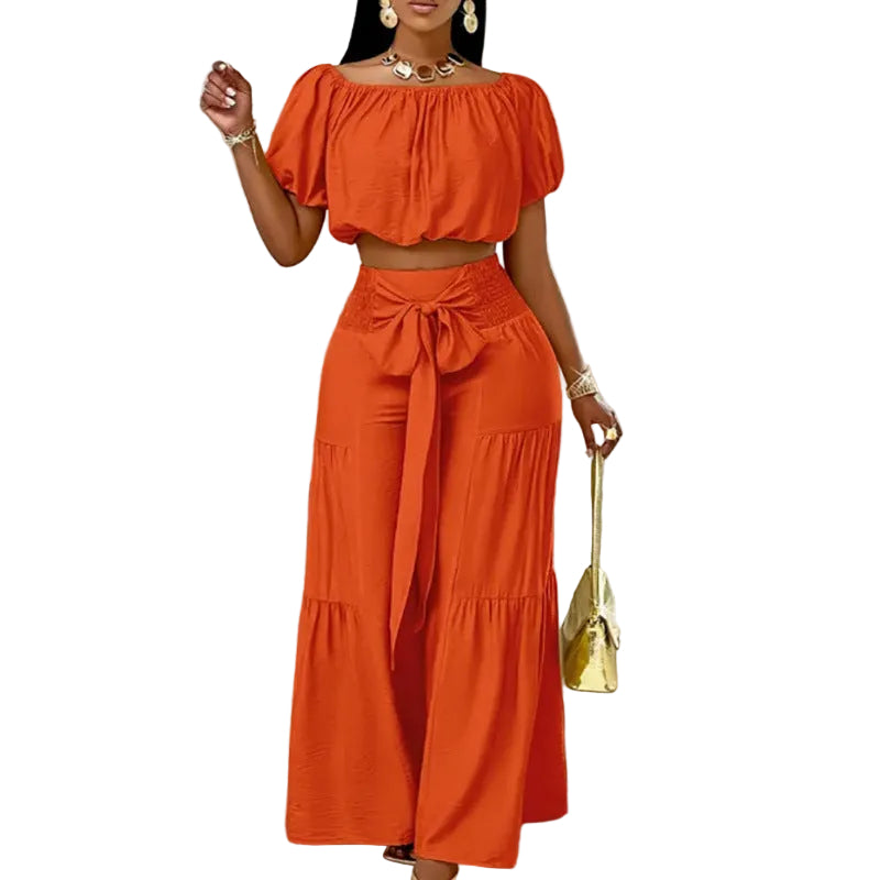 High-Waisted Flared Pants – Solid Color Tie Detail Elegant Trousers
