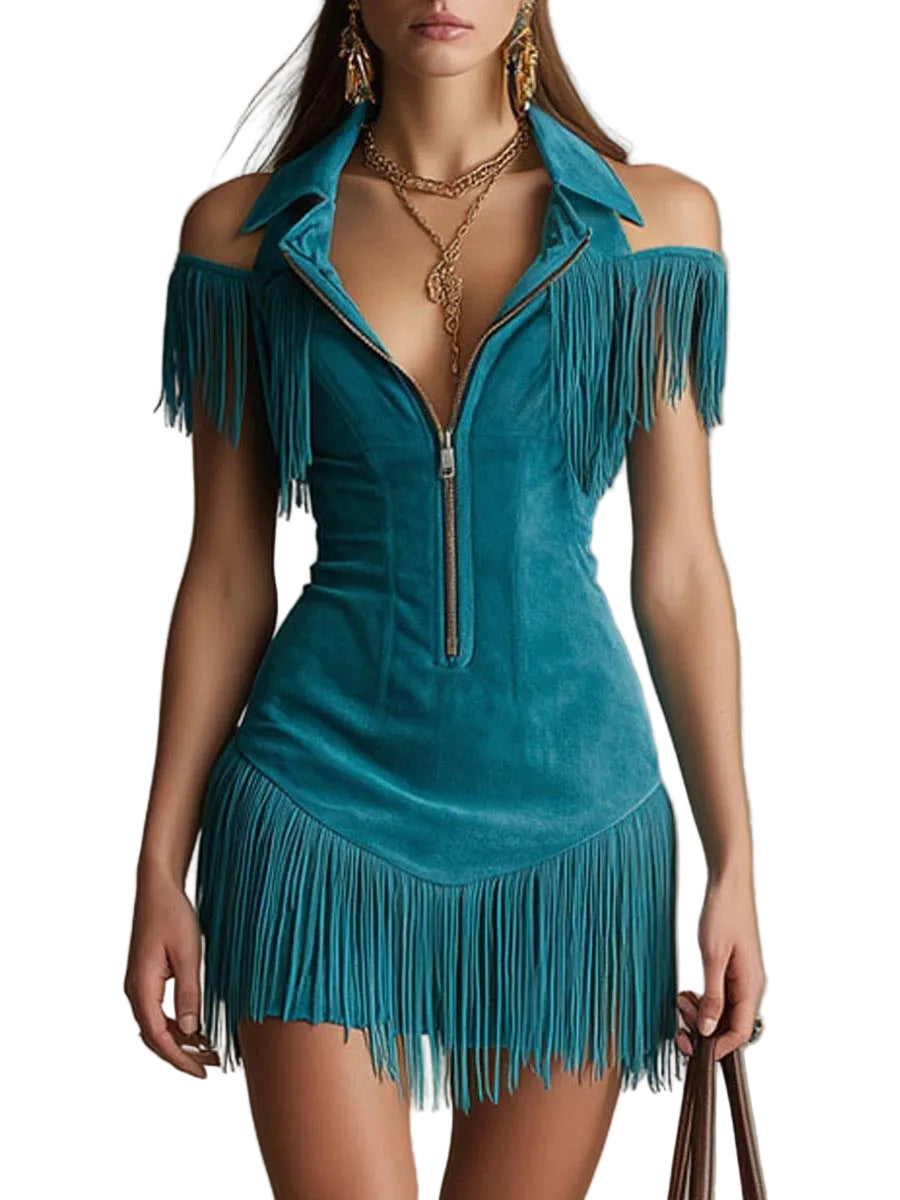 Off-Shoulder Suede Dress – Retro Tassel Elegant Dress for Women