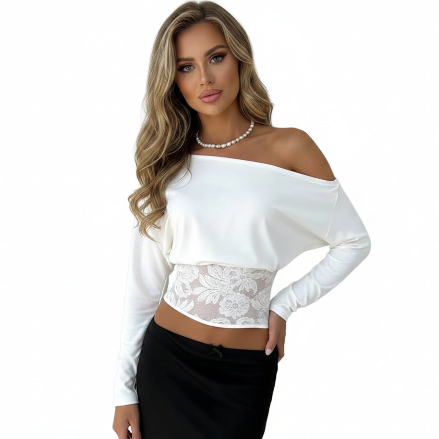 Off-Shoulder Lace Patchwork Top – Batwing Sleeve Solid Color Blouse for Women