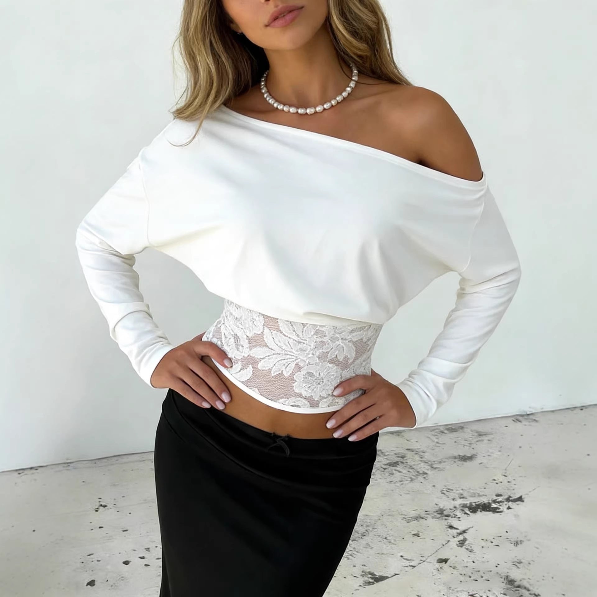 Off-Shoulder Lace Patchwork Top – Batwing Sleeve Solid Color Blouse for Women