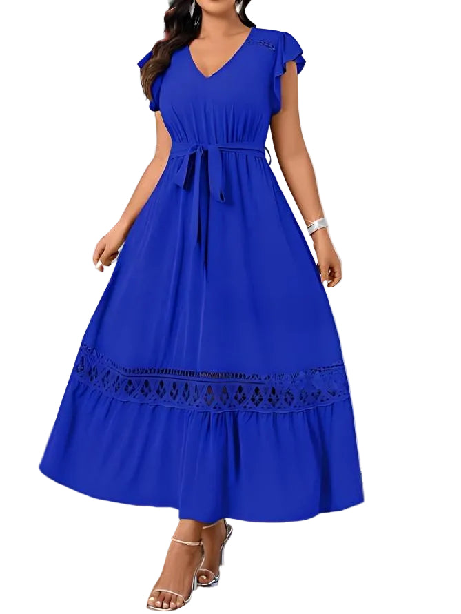 V-Neck Lace Patchwork Dress – Elegant Short Sleeve Dress for Women