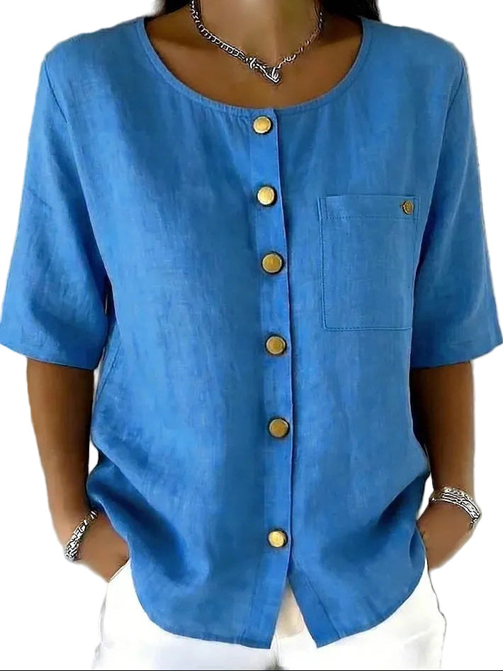 Crew-Neck Shirt with Metal Buttons – Three-Quarter Sleeve Top for Women