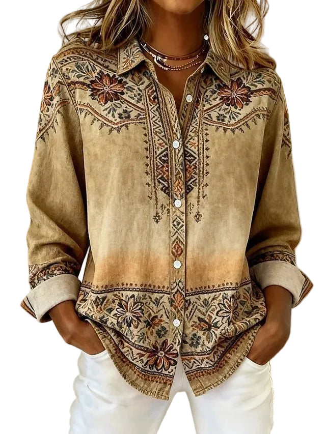 Printed Lapel Shirt – Loose Fit Long Sleeve Blouse for Women