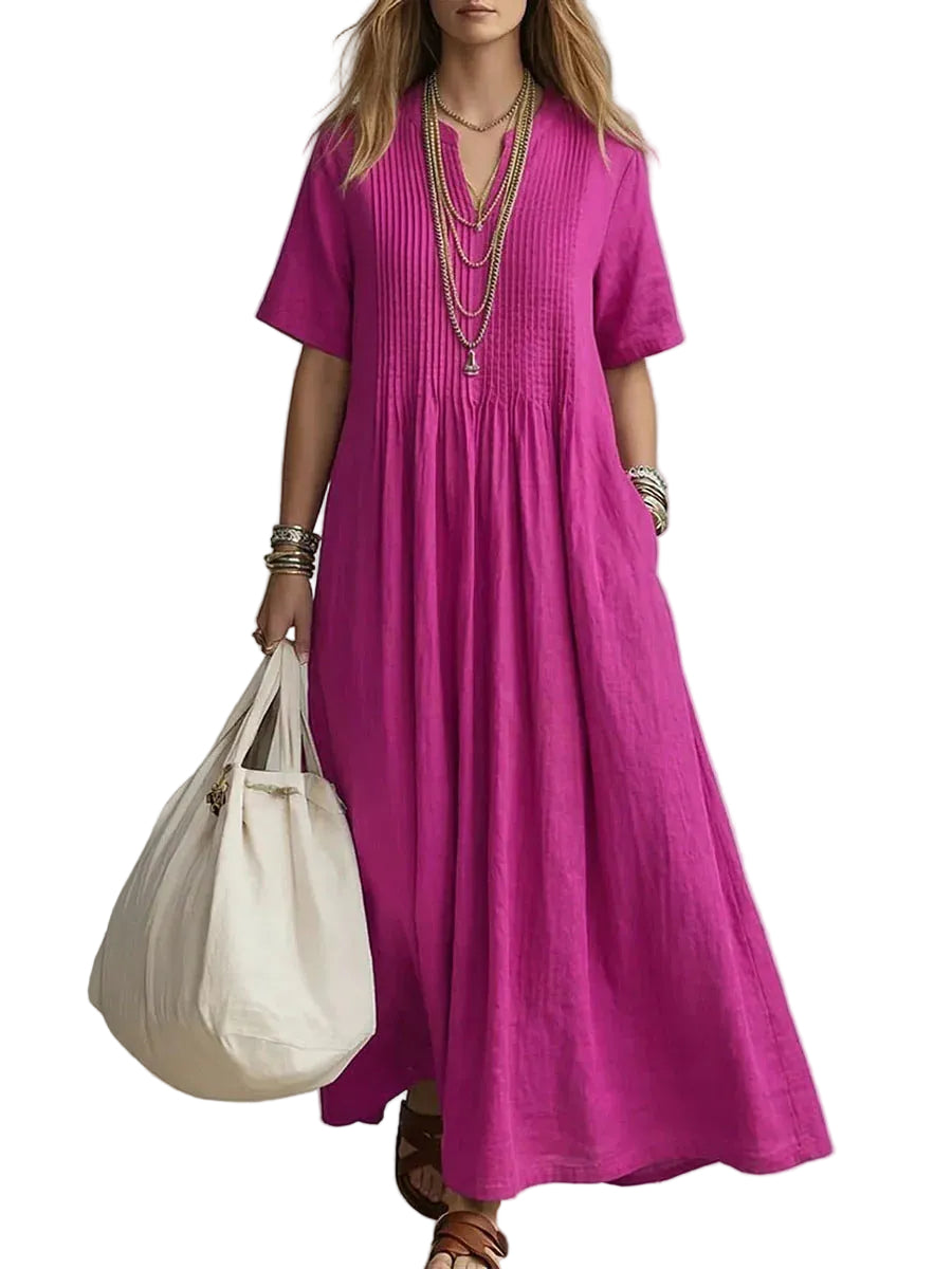 Casual V-Neck Cotton Linen Dress – Loose Pleated Short Sleeve Dress for Women