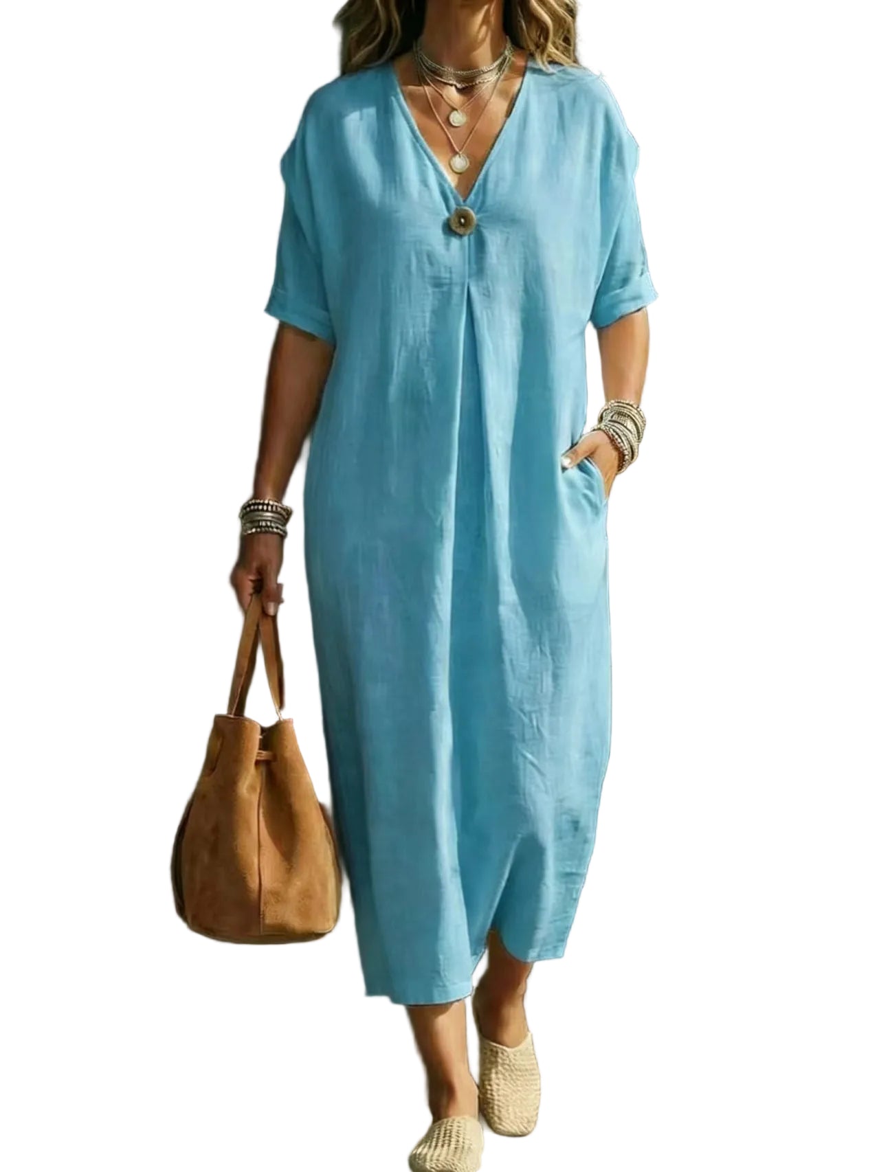 V-Neck Button Dress – Short Sleeve Casual Dress for Women