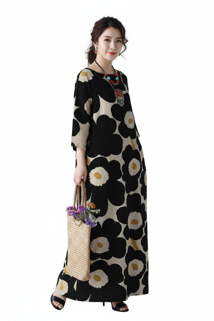 Loose Printed Maxi Dress – Round Neck Long Sleeve Elegant Dress for Women