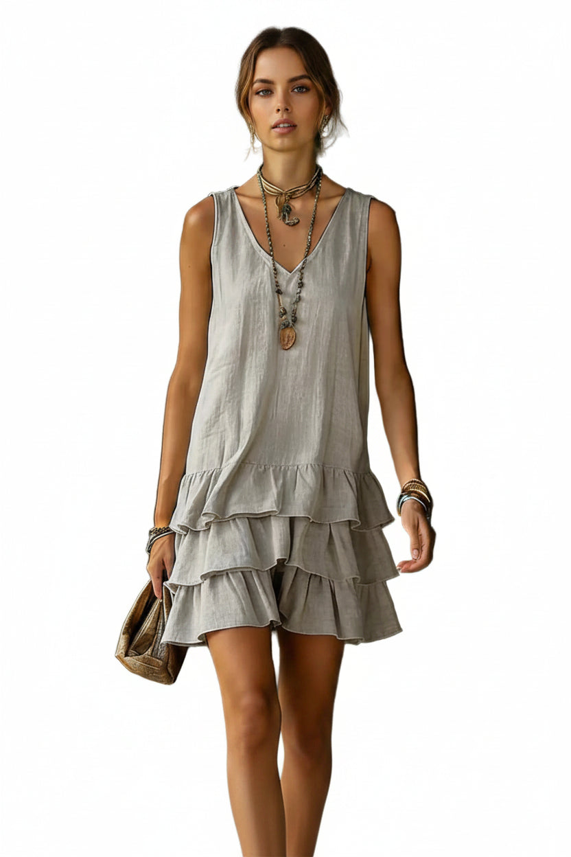 V-Neck Cotton Linen Dress – Sleeveless Elegant Dress for Women