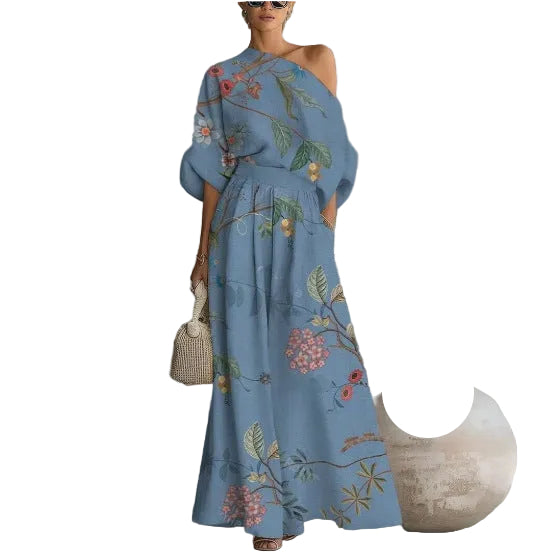 Printed Off-Shoulder 2 Piece Set – Top & Pants Outfit for Women