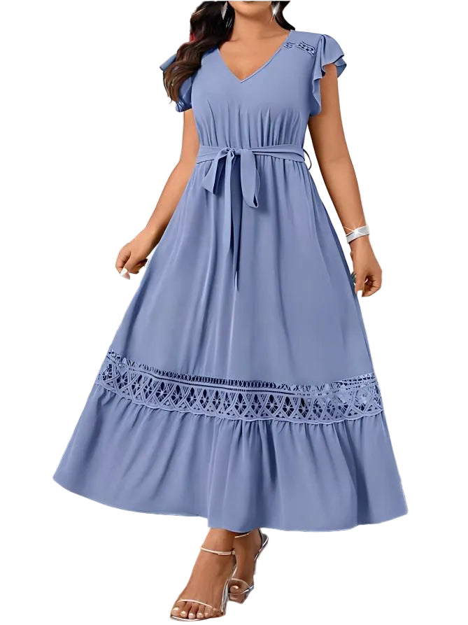 V-Neck Lace Patchwork Dress – Elegant Short Sleeve Dress for Women