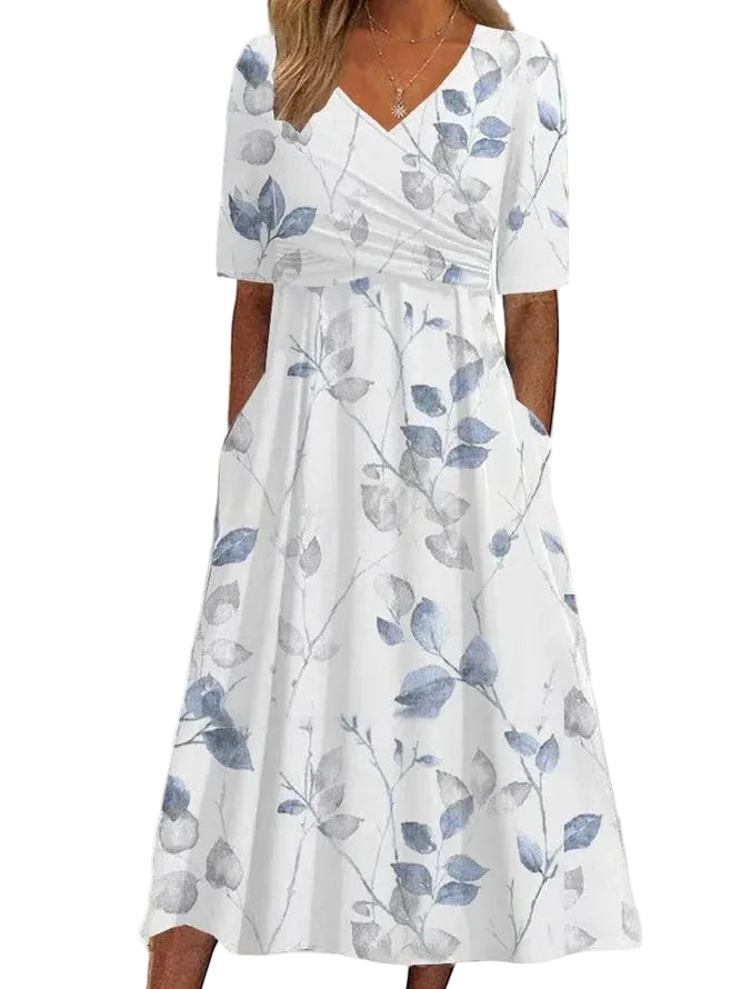 V-Neck Belted Maxi Dress – Short Sleeve Dress with Pockets for Women