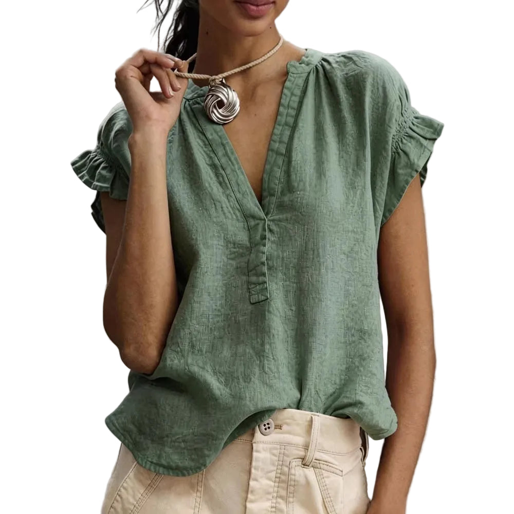 V-Neck Cotton Linen Top – Casual Short Sleeve Elegant Blouse for Women