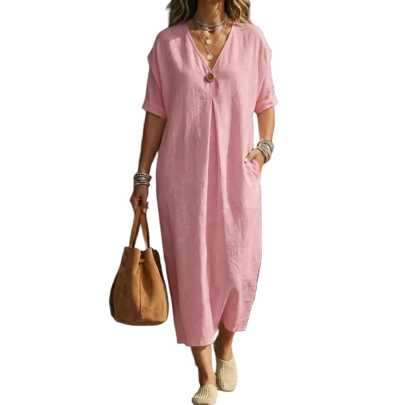 V-Neck Button Dress – Short Sleeve Casual Dress for Women