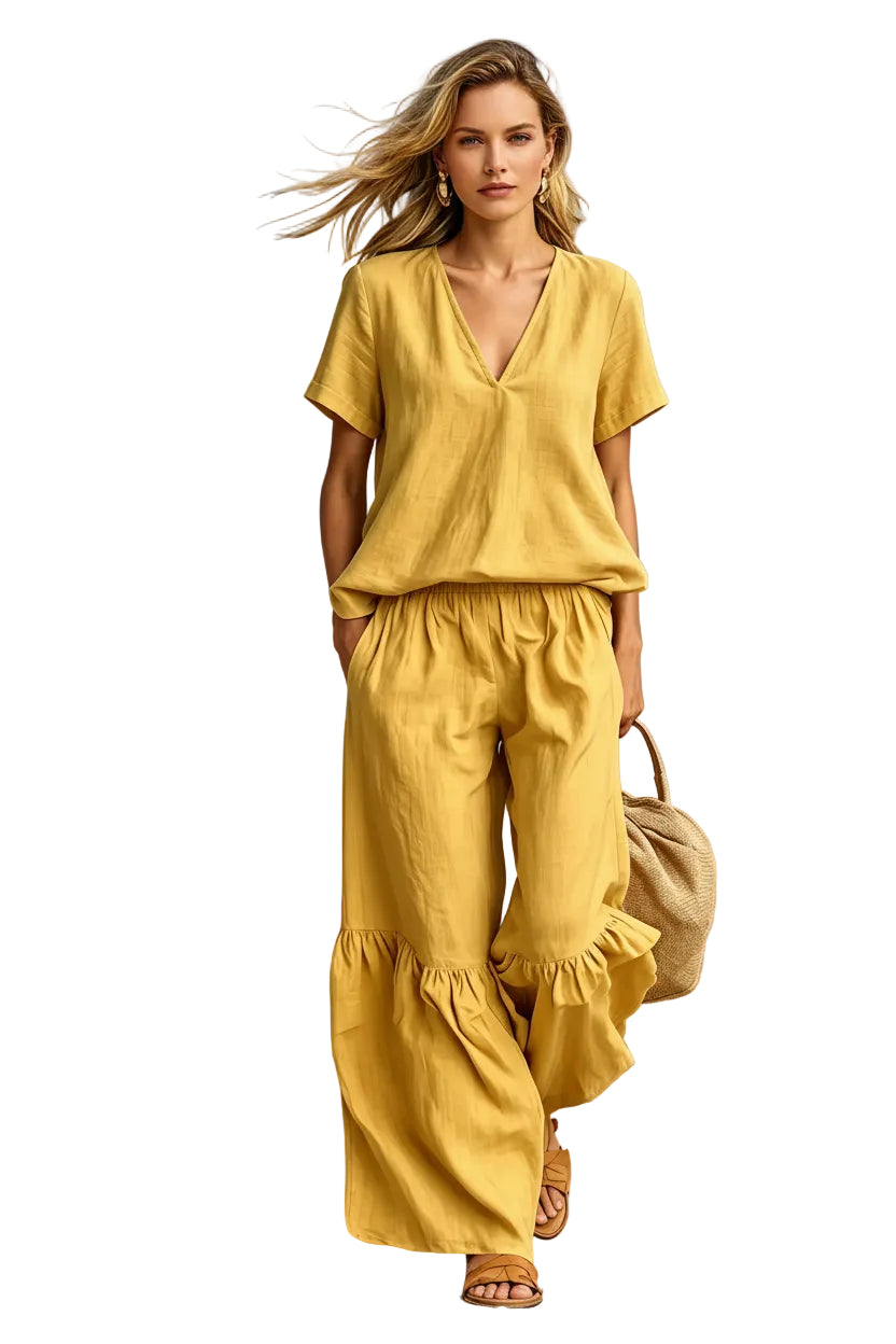 Casual V-Neck 2 Piece Set – Loose Top & Pants for Women